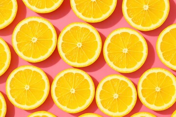 Obraz premium Bright yellow fresh lemon slices arranged in a playful, repeating pattern on a vibrant, cheerful pink background, creating a summery and energetic flat lay composition.