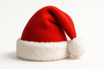 Classic red and white plush Santa's hat with a fluffy white pom-pom, isolated on a clean, crisp white background, perfect for Christmas and holiday-themed designs. 3D rendered for a realistic look.