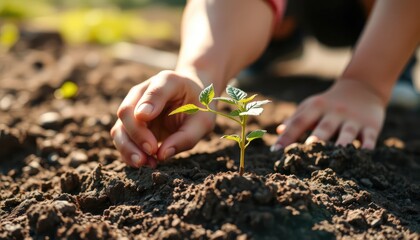 Hands carefully planting a young sapling in fertile ground on a sunny day