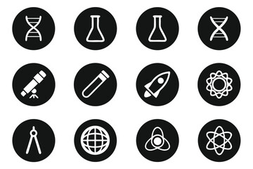 Twelve high quality black science icons atom beaker and more scientific instruments and concepts