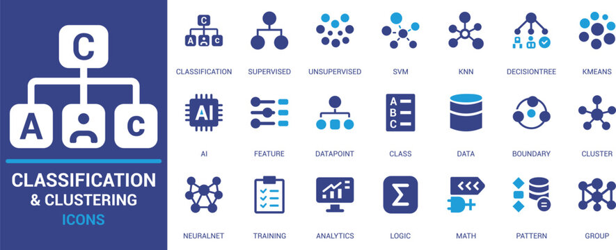 
Modern AI icons set featuring classification, clustering, neural networks, supervised and unsupervised learning, data analysis, logic, training, KNN, and machine learning tools.

