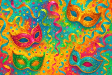 Explosive and festive abstract background for a Brazilian Carnival celebration, featuring a dynamic swirl of colorful confetti, vibrant streamers, sparkling glitter, and ornate carnival masks.
