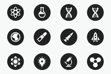 Twelve meticulously crafted black science icons atom beaker and more for scientific designs