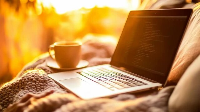 Laptop with code and coffee in warm sunlight at home on a blanket