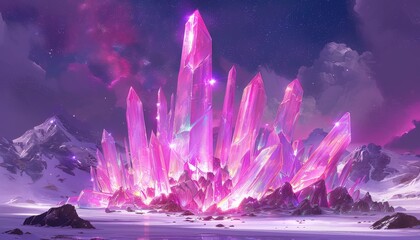 Enchanting crystal forest glowing under a mesmerizing starry night sky filled with wonders