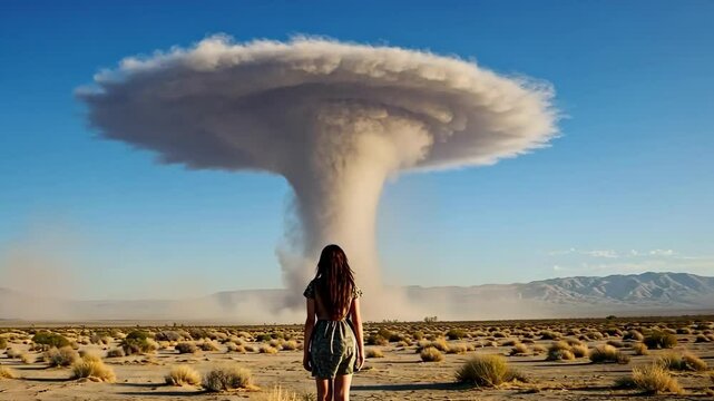 Woman faces dust devil in arid desert landscape