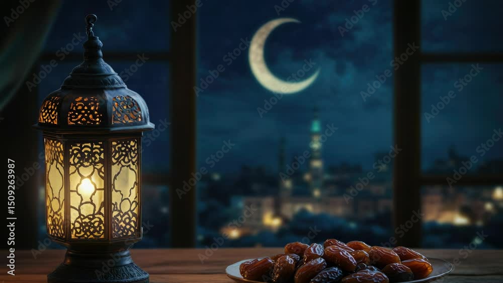 Aufkleber A plate of dates and a lantern on a table, perfect for a rustic dinner or event