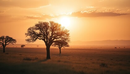 Fototapeta premium Savanna at Sunset: Silhouetted Trees and Golden Hues of the African Landscape