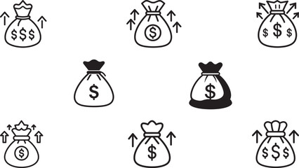 Set of vector illustrations showcasing different money bag designs symbolizing wealth, savings, and financial progress. Ideal for business, finance, or economic themes