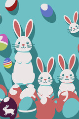 Happy Easter Bunnies-Colorful Easter Eggs on Blue Background-Festive Spring Holiday Decor-Cute Rabbit Illustration-Easter Celebration Art