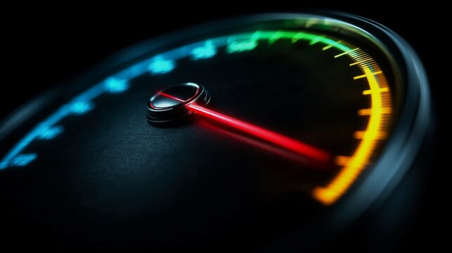 Futuristic car speedometer displays needle exceeding 200 with vibrant color gradient - Powered by Adobe