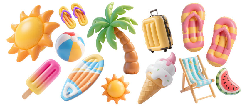3d summer objects png element set on transparent background