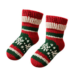 A pair of christmas socks with snowflakes and stripes in red green and white on a black background