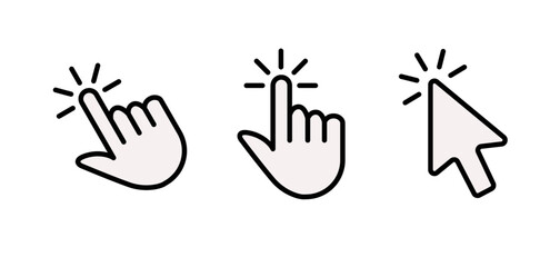Pointer cursor сomputer mouse icon. Clicking cursor, pointing hand clicks icons. Click cursor. Vector Illustration.
