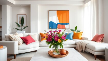 Naklejka premium Bright living space with fresh flowers, contemporary artwork, and comfortable modern furniture