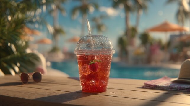 Refreshing strawberry drink in plastic cup by poolside on sunny summer day.