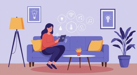 Woman controlling smart home devices using tablet sitting on couch indoors