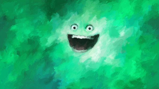 Happy green cartoon face emerging from abstract painted background texture.