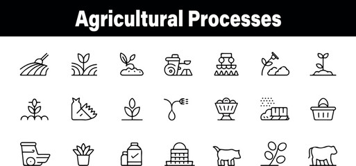 Fototapeta premium Agricultural processes icons set farming agriculture gardening planting harvesting soil crops seeds field tools plants