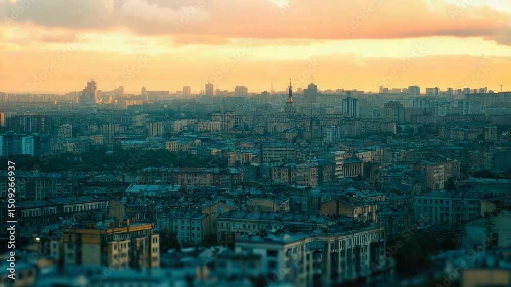 Poster panoramic view of city skyline from rooftop, ideal for architecture or urban planning projects