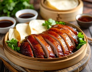 Sliced Peking duck on a wooden plate with pancakes and sauces