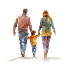 Parents Walking With Child, watercolor vector, high quality, isolated on a white background.