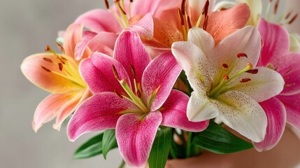 Fototapeta premium Pink and white lilies held in smooth hands against a minimalist backdrop