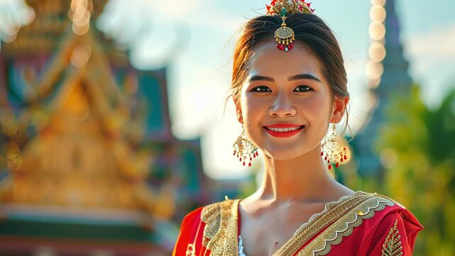 Smiling young asian woman in traditional red dress with ornate jewelry at a vibrant temple on a bright day. concept of cultural heritage, traditional fashion, joyful expression, heritage celebration