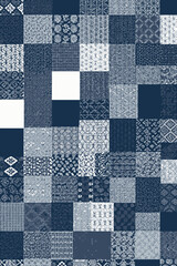 Blue and White Japanese Textile Art- Patchwork Quilt Design in Indigo- Intricate Geometric and Floral Patterns- Traditional Asian Fabric Background- Elegant Texture