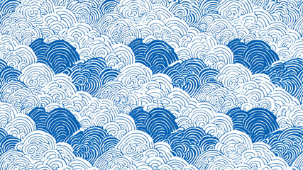 A seamless pattern of blue and white swirling lines resembling waves or clouds in a repetitive design