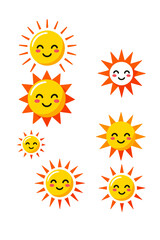 Fototapeta premium Cute Cartoon Sun Icons-Smiling Sun Characters-Summer Sunshine Graphics-Happy Sun Illustrations-Bright and Cheerful-Perfect for Kids-Vector Design-Sun Clipart