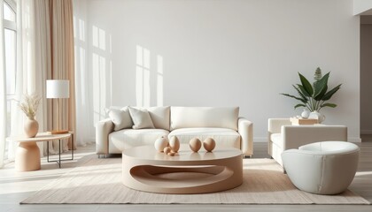 Modern minimalist living room interior with neutral tones, cozy furniture, natural light, and stylish decor creating a calm and elegant atmosphere.