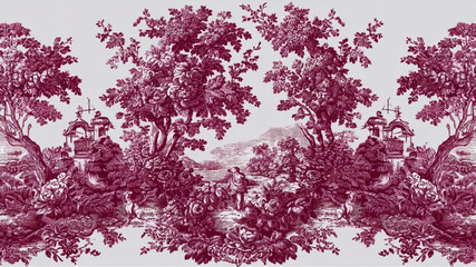 Detailed toile pattern featuring trees flowers and a building in a vintage style burgundy color scheme.,