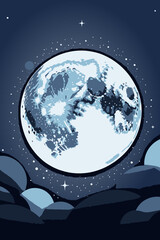 Naklejka premium Mystical Moon Illustration-Full Moon in Night Sky-Stars and Clouds-Celestial Art-Space Theme-Dreamy Landscape-Fantasy Art-Moonlight Scene
