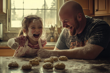 Father and daughter baking cookies together in kitchen, flour on faces, joyful expressions, natural light