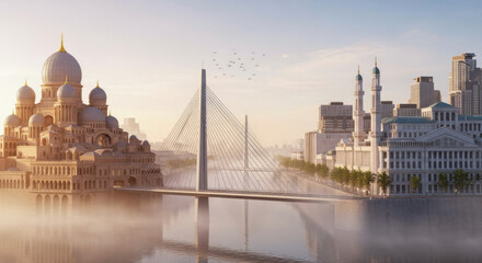 Fototapeta premium Majestic cityscape featuring a grand mosque and modern skyscrapers, with a stunning bridge spanning a serene river, enveloped in morning mist and soft sunlight