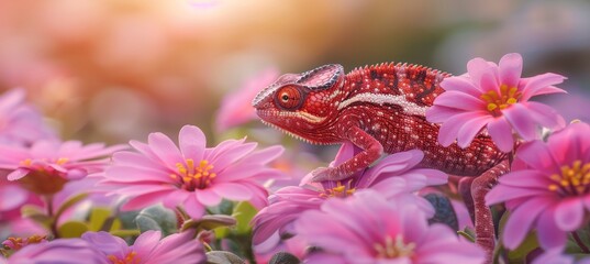 Chameleon camouflaging perfectly against a vibrant and colorful natural backdrop
