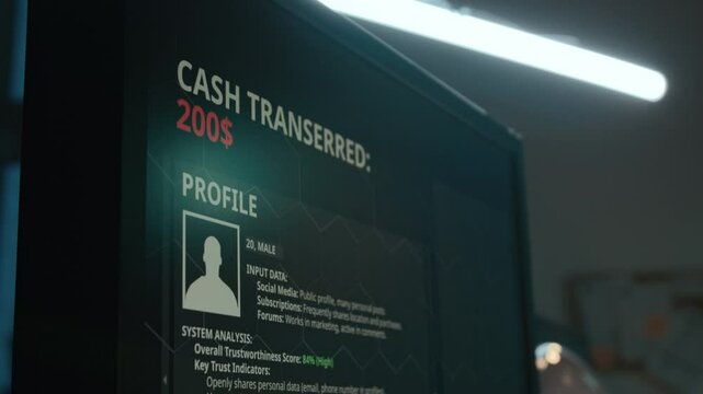 No people side closeup of computer screen displaying fraud victims profile during phone scammer attack in illegal call center, with ticking counter showing amount of money stolen from bank account