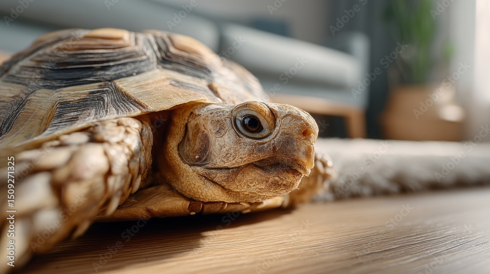 Poster A turtle moves slowly across a polished wooden floor, taking in its surroundings. Soft light filters in, creating a warm atmosphere, while the turtle shows a sense of exploration and curiosity