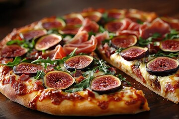 A gourmet fig and prosciutto pizza with arugula, featuring a slice lifted to reveal the unique toppings