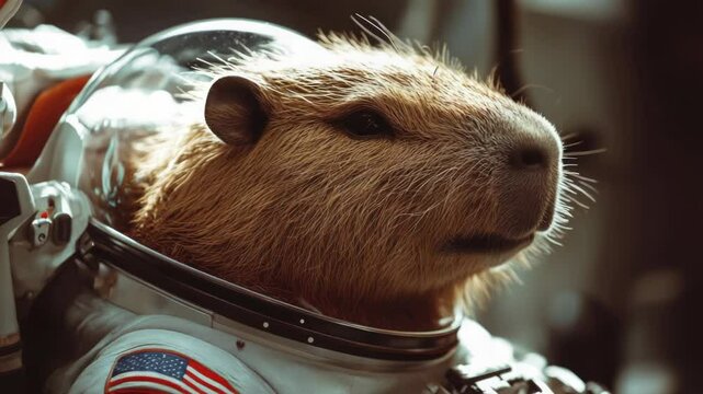 A close-up shot of a guinea pig wearing a miniature space suit, ideal for illustrations and graphics about science and technology