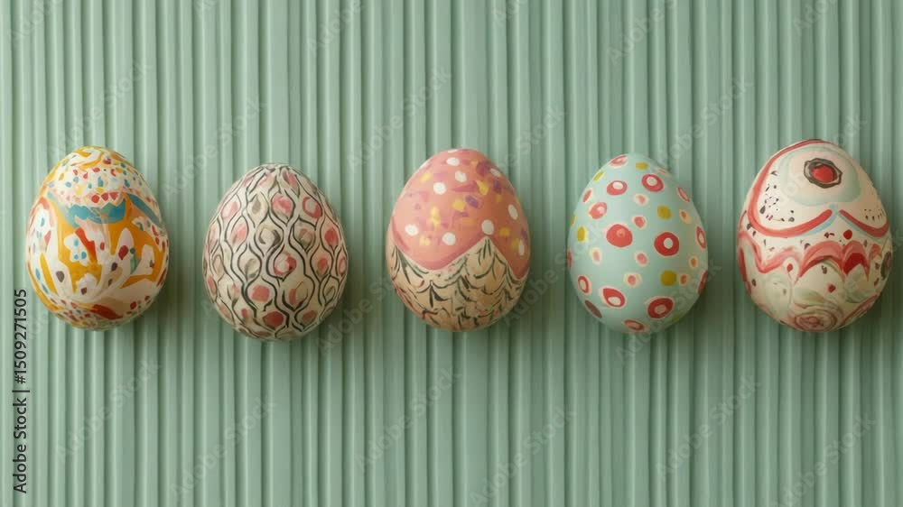 Poster a collection of decorated eggs displayed on a flat surface