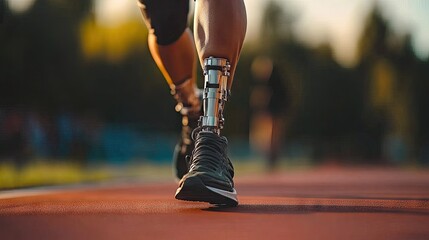 Athlete with prosthetic leg running on a track.