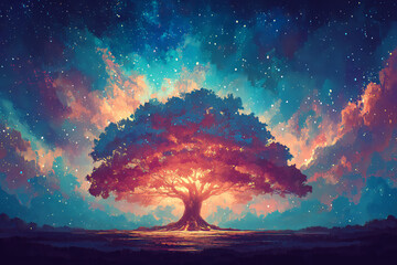 A vivid fantasy tree glowing beneath a dramatic star-filled sky, symbolizing life, energy, and cosmic connection in magical landscapes.