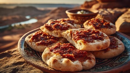 Enjoying fresh lahmacun on a traditional plate in the warm Iraqi desert at sunset
