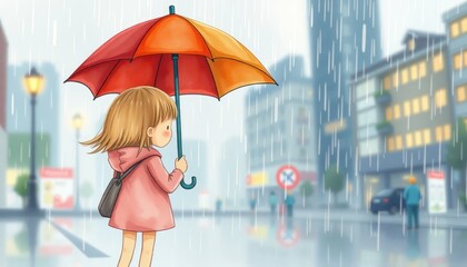 Rainy city stroll: A young girl's adventure with her vibrant umbrella