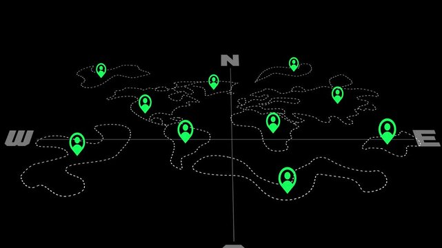 Animated world map with location pin, dotted map design, abstract global background, 4K resolution, digital animation, tech visualization