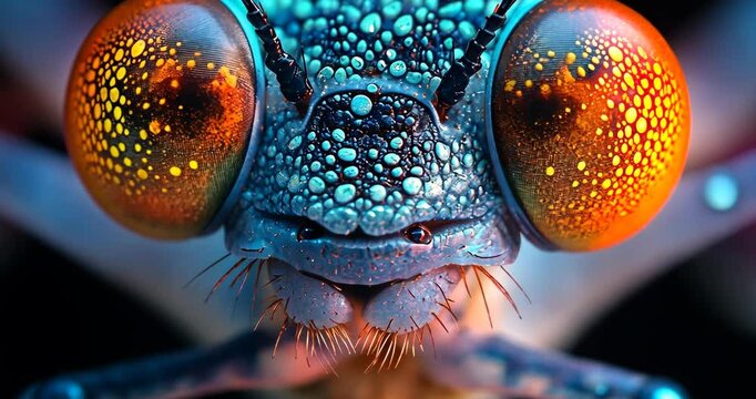 Extreme macro shot of a dragonfly's face, revealing intricate details and vibrant colors.