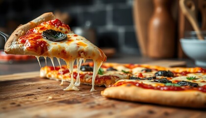 Elevated Pizza Slice with Melting Mozzarella and Tomato Sauce on Wood Table