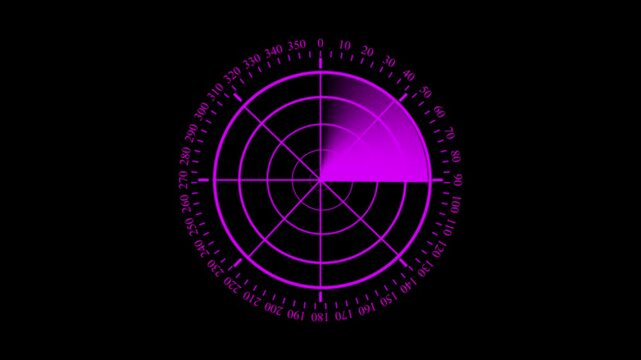Radar screen animation on black background. Radar point to detect enemy position. purple color Rader Hud technology signal waves animated. Location detection Military surveillance